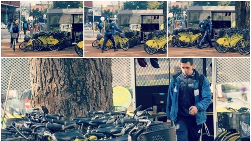 An Ecobici user leaves a bike after a trip