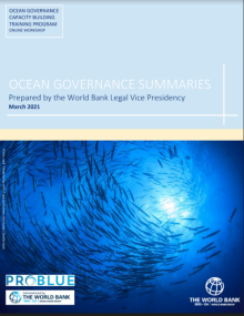 Ocean Governance Summaries book cover blue with school of fish photo 