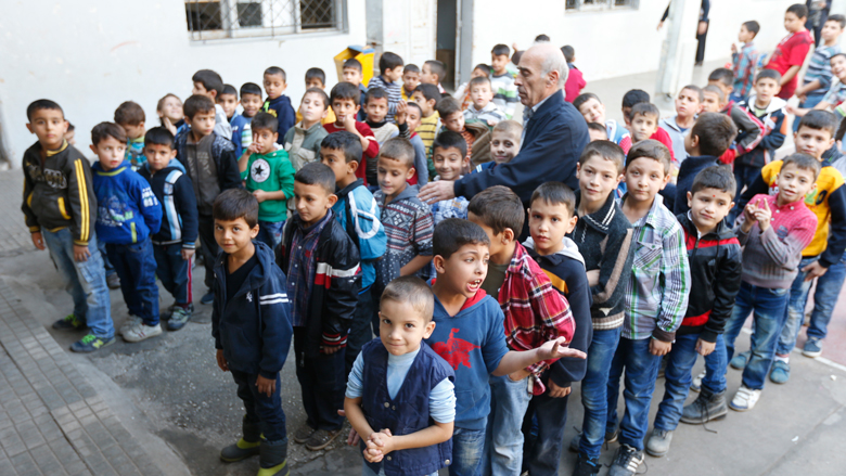 Students line up for classes at the Qalamoun Public School, Lebanon.