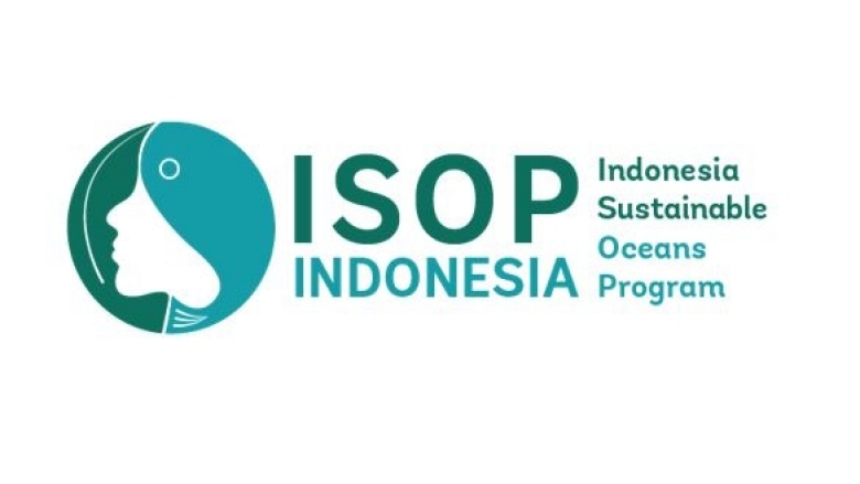 Indonesia Sustainable Oceans Program Logo a woman's profile, whale fish, blue and green