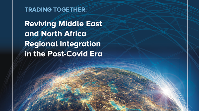 The October 2020 MENA Economic Update report image features a globe in the background and the title of the report: Trading Together — Reviving Middle East and North Africa Regional Integration in the Post-COVID Era.