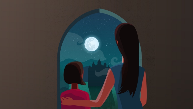 An image depicting a mother and child standing by a window and gazing out at a castle amidst a starry night.