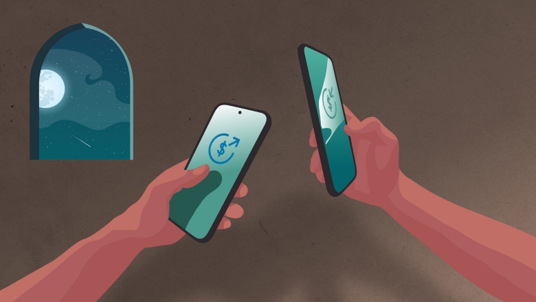 An illustration showing two people's hands holding a mobile phone and performing a cash transfer.