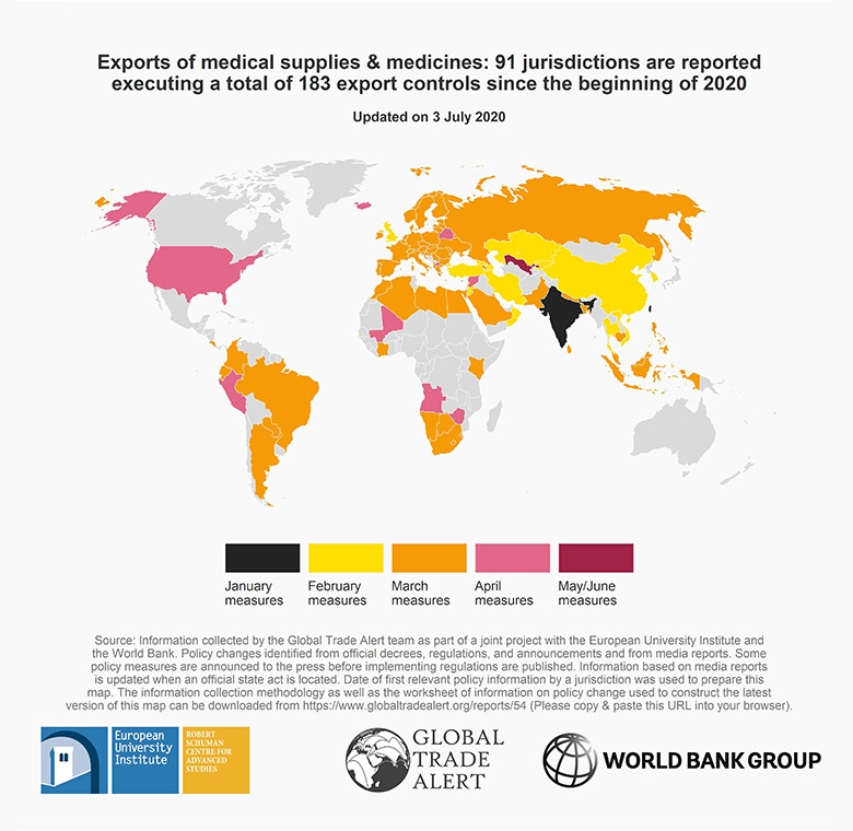 Chart showing which countries have placed export controls on medical supplies since the beginning of 2020