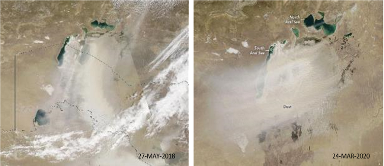 Sand and dust storm in the Aral Sea. Before and After pictures 