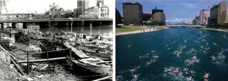 the river in Kitakyushu littered with garbage in the 1960s and the river today