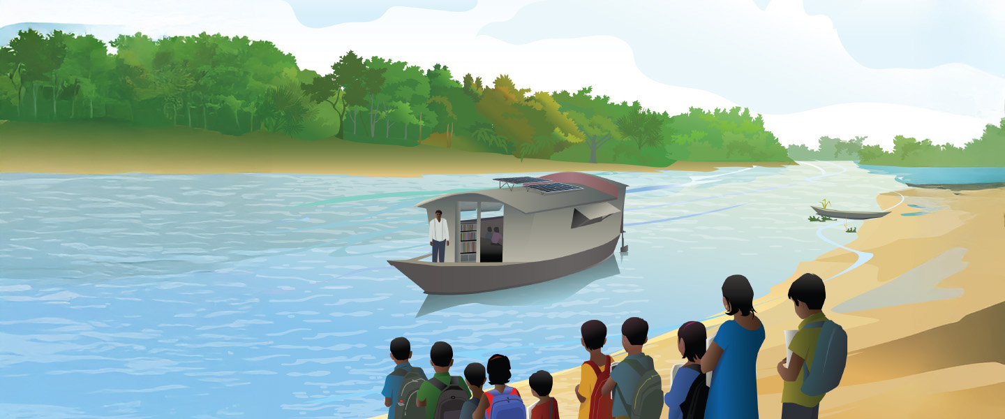 Banner displaying a drawing of a river and a boat school taken from the cover of the report Rethinking Resilience