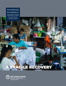 Cover of Myanmar Economic Monitor Report, June 202e. Shows garment workers