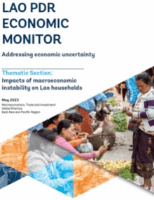 Cover of Lao Economic Monitor Report, May 2023. Shows typical Lao small fresh market in a Luang Prabang alley