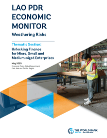 Cover of Lao Economic Monitor Report, May 2024. Shows worker in a plywood factory