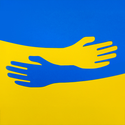 Ukraine flag stylized with embracing arms