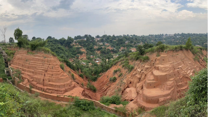 Wide gullies formed by soil erosion in Kananga, capital of the Kasai-Central province of the Democratic Republic of Congo.