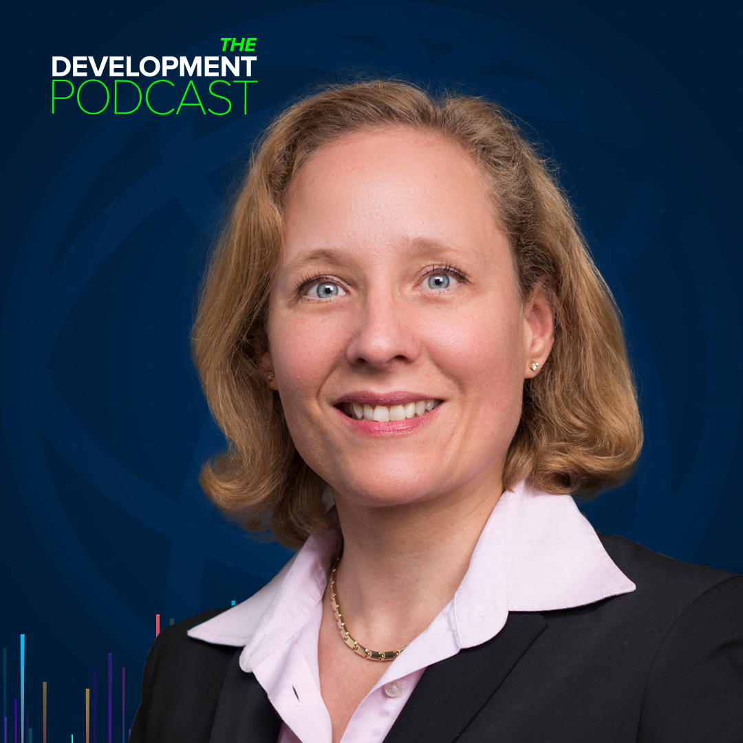 A promotional image for the Development Podcast from the World Bank Group featuring Fraziska Ohnsorge.