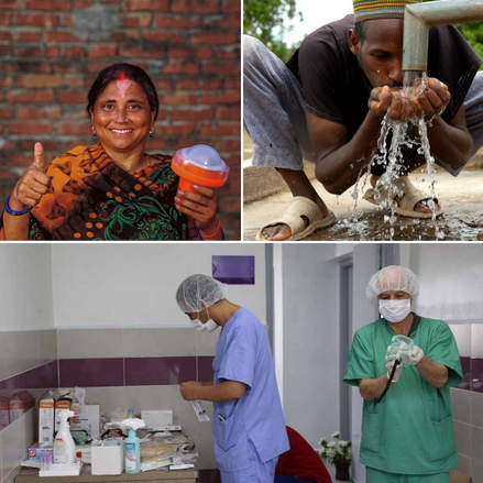 Indian woman holding a solar lamp. Man drinking water from a faucet in Nigeria. Health care workers at a hospital in Morocco.