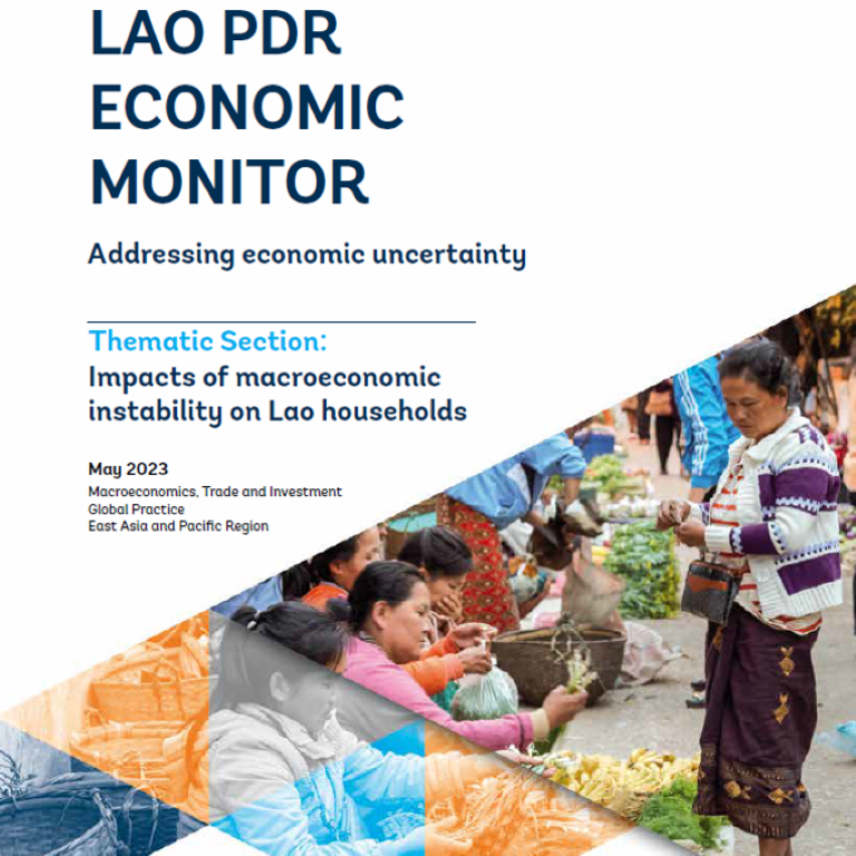 Cover of Lao Economic Monitor Report, April 2023. Shows typical small market in Luang Prabang