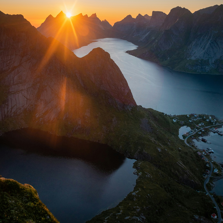 mountains, water and sunset