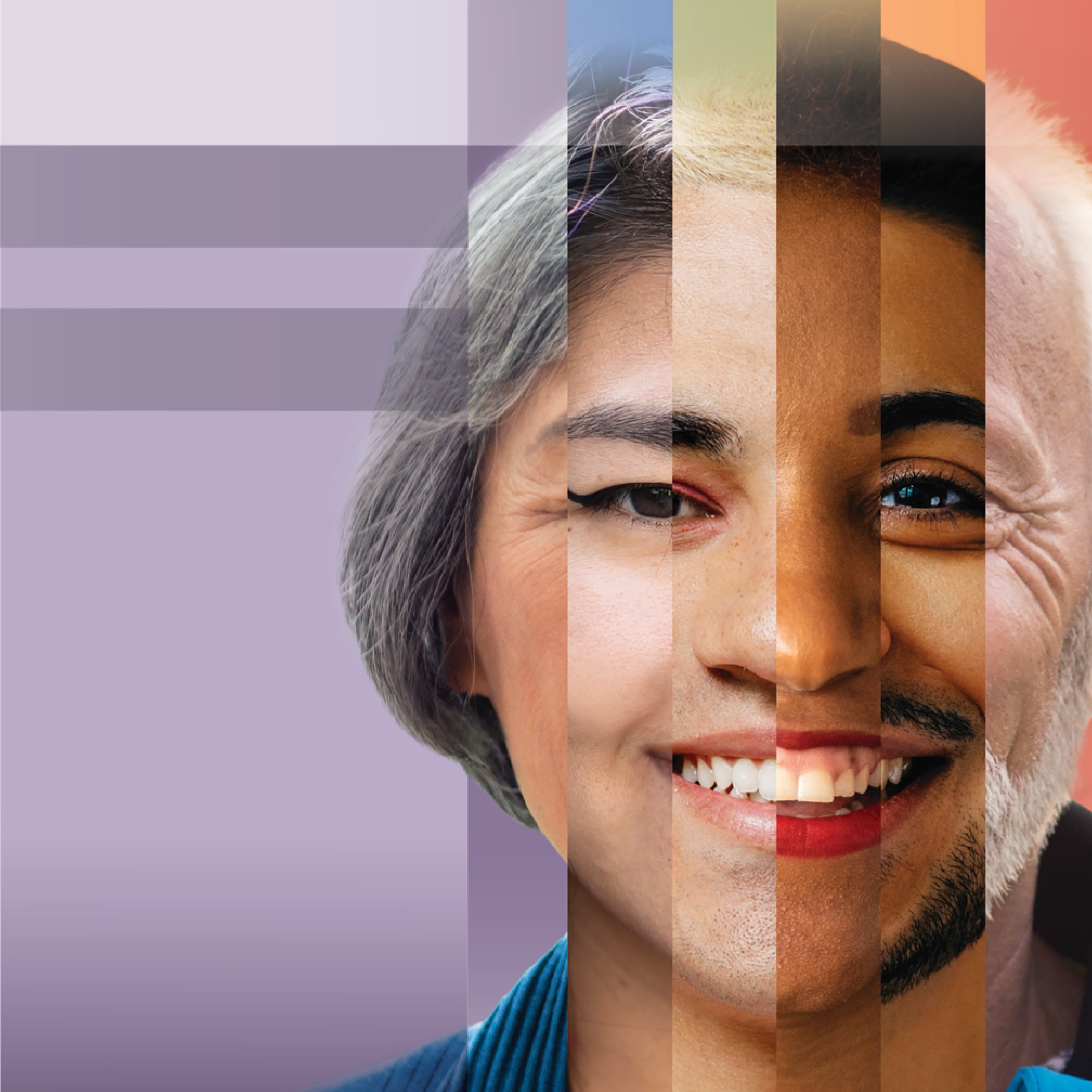 Collage of many human faces forming one face with a background of different shades and colors.