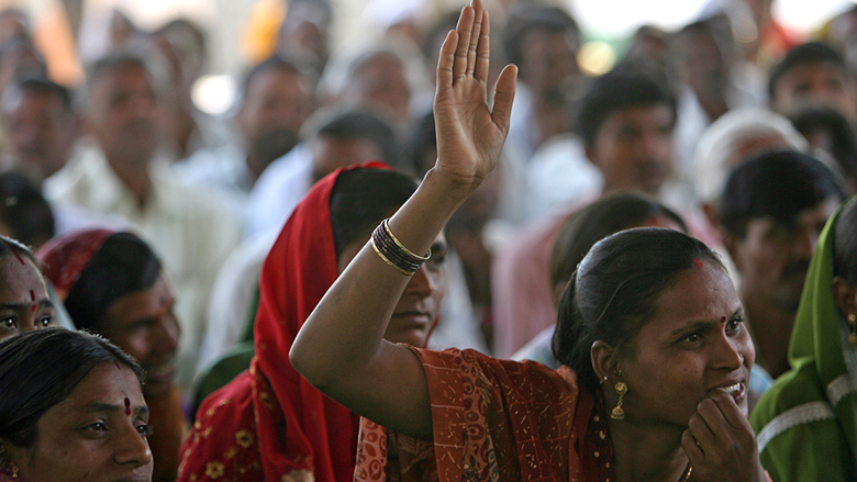 Women participate in a community meeting in rural India.