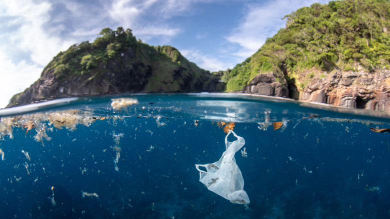 Plastic bag floating in ocean