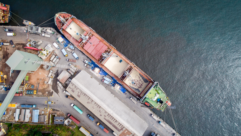 Overhead view of a ship at Freetown Port, Sierra Leone.