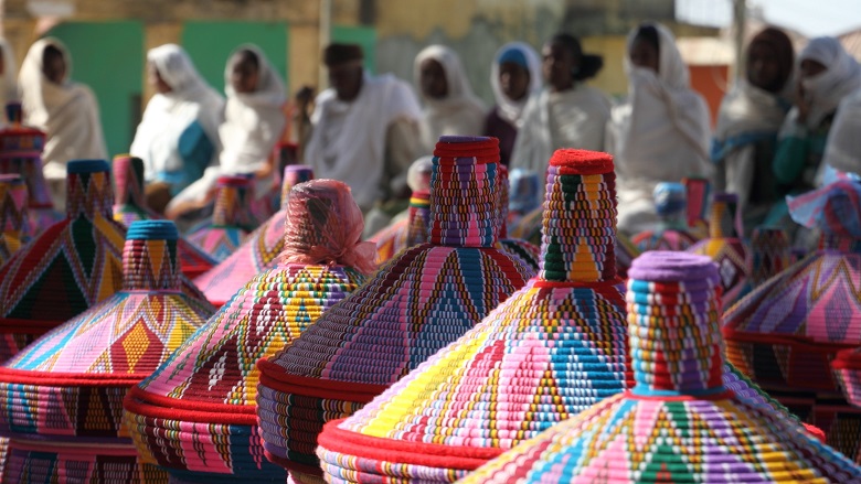 Colorful Basket Market and Vendors - Axum, Ethiopia
