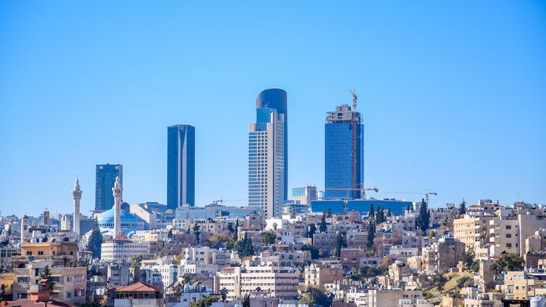 Skyscrapers appear in the distance in this aerial shot of Jordan.