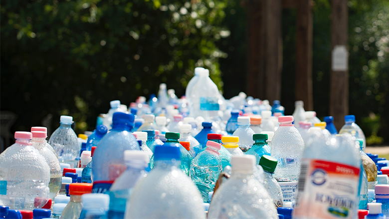 Empty plastic bottles are gathered to be recycled