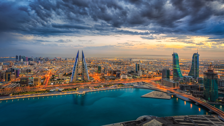 Clouds hover over an aerial view of newly constructed areas in Manama, Bahrain.