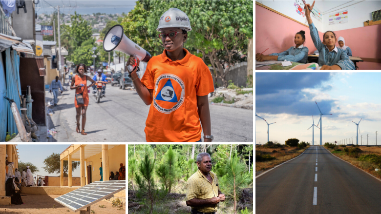 collage of climate photos including wind turbines, solar panels, forests, school children and disaster risk management volunteer 