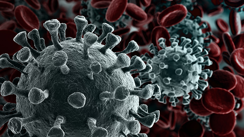 Coronavirus 2019-nCov novel coronavirus concept responsible for the Asian flu outbreak. This is a microscope virus close up in 3D rendering. © Shutterstock 