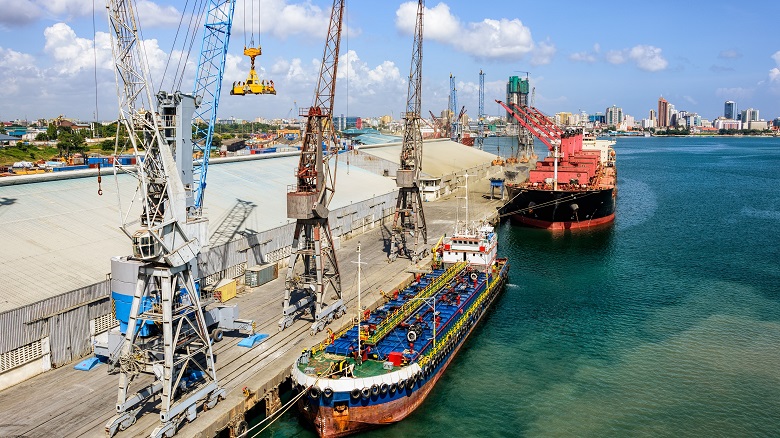 Cargo operations in the trading port in front of Dar es Salaam, Tanzania