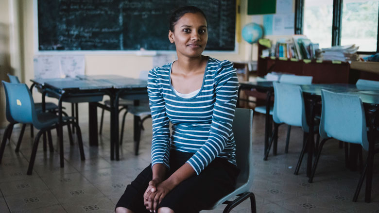 Portrait of Asmita Kamal inside her classroom at Bayly Memorial School, Barotu Village, Ra Province on Fiji