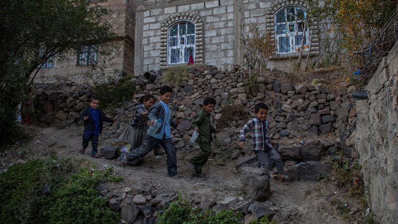 A group of Yemeni children playing in Al-Dhihla village, Anss District, Dhamar Governorate.