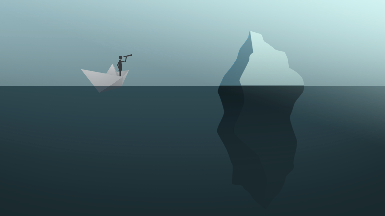 Illustration of a person on a boat looking at an iceberg, unaware of its true size below the surface