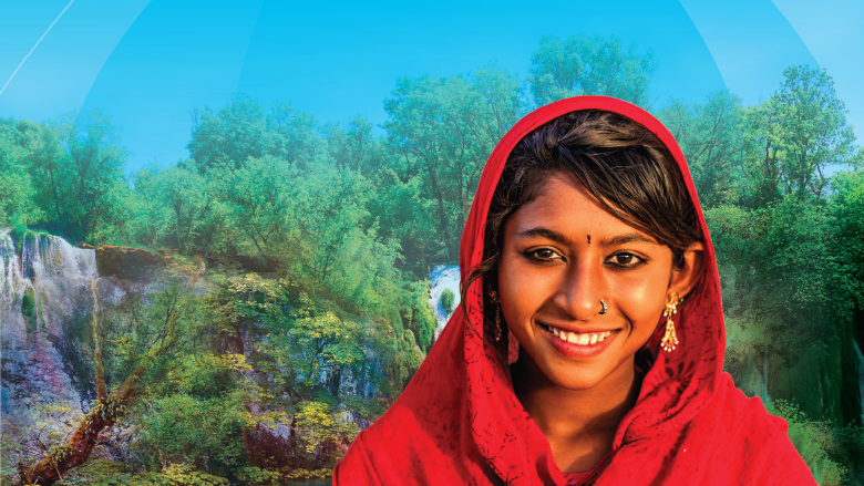 Fragment of the report cover The Changing Wealth of Nations 2021 South Asian woman in red dress on the blue background