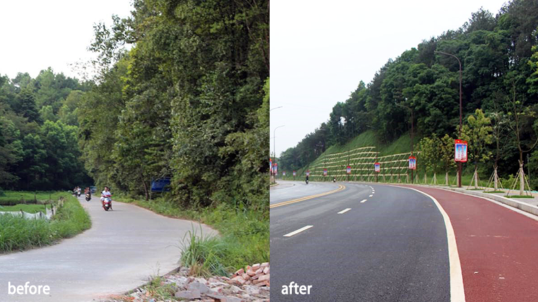 Before/after photos of the Nanping Bridge and Linking Road Subproject in Yifeng County, and Yaojia to Gangbian Road Subproject in Hengfeng County. Photo: Jiangxi Poyang Lake Basin and Ecological Economic Zone Small Town Development Project Management Office.