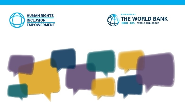 speech bubbles in yellow, purple and blue -- with World Bank logo and Human Rights trust fund logo