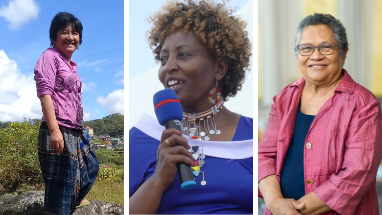 Photo collage of Indigenous Women leaders. From left to right: Joan Carling, Agnes Leina and Myrna Cunningham. 