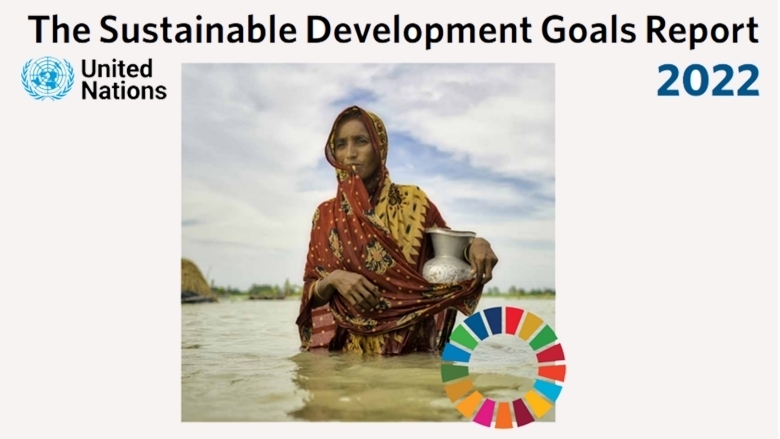 UN SDG report 2022 cover showing woman in lake and SDG logo