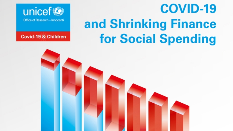UNICEF report cover on Covid-19 and social spending showing blue and red data columns