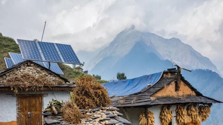Nepali traditional houses with solar cell panel on the roof