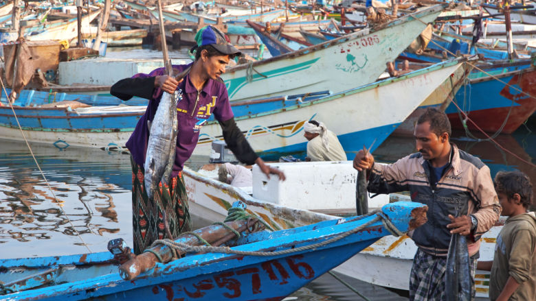 Fishers in Hodeida fishmarket in Hodeida Red Sea-Bab-El-Mande