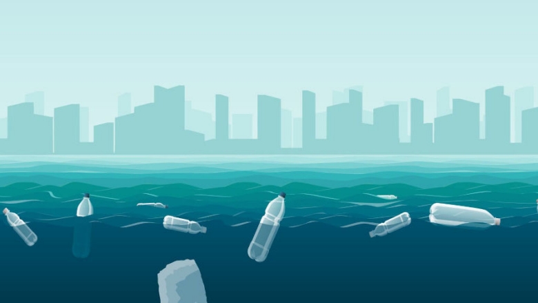 Graphic of plastic floating in the sea with city skyline in the background