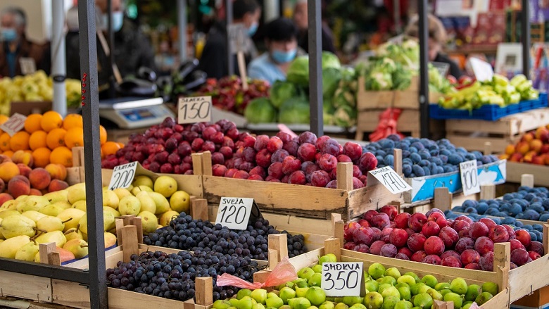 Open air street market with freshly harvested fruit in Belgrade, Serbia.