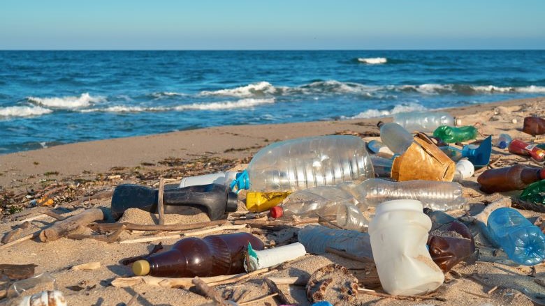 Bottle lay across a beach with the ocean in a distance.