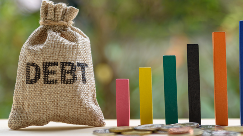 Bag labeled Debt next to some bars, showing an increasing trend.