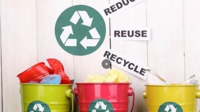 Green yellow red Recycling Bins reduce reuse recycle