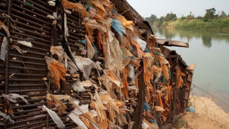 Plastics stuck near Mekong River in Laos 