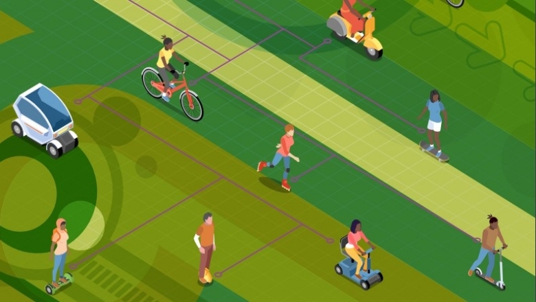 Cartoon people travelling, walking across green pasture.