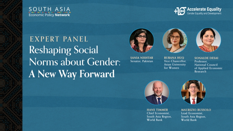 Blue postcard with text Expert Panel Reshaping Social Norms about Gender: A New Way Forward and has five face images of panel